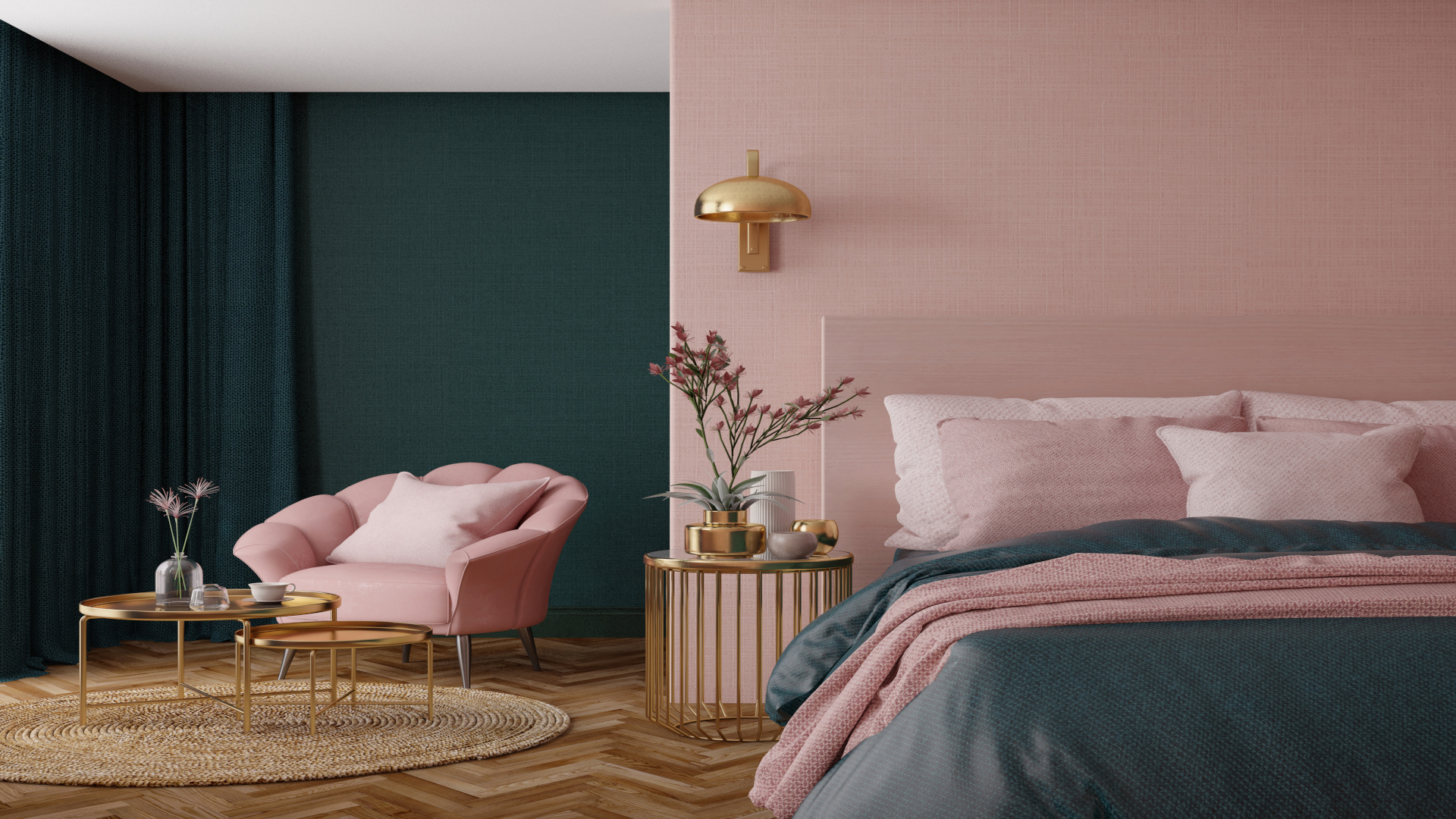 Bedroom interior.Art deco style.Design with green pink and gold color.3d rendering